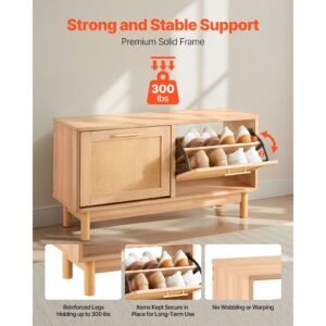 entryway shoe bench, 39.4 x 11.8 x 20.9 inch rattan like shoes bench with 2 flip drawers, 300lbs shoe storage rack with 4 compartments and 2 rattan doors, for hallway, living room, bedroom