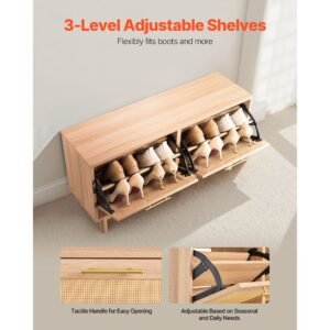 entryway shoe bench, 39.4 x 11.8 x 20.9 inch rattan like shoes bench with 2 flip drawers, 300lbs shoe storage rack with 4 compartments and 2 rattan doors, for hallway, living room, bedroom