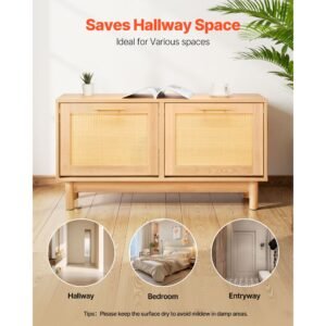 entryway shoe bench, 39.4 x 11.8 x 20.9 inch rattan like shoes bench with 2 flip drawers, 300lbs shoe storage rack with 4 compartments and 2 rattan doors, for hallway, living room, bedroom