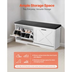 entryway shoe storage bench, 39.4 x 12.0 x 18.7 inch shoe organizer with flip drawers, 440lbs narrow shoes rack bench with cushion & flip doors, for hallway, living room, bedroom, black + white