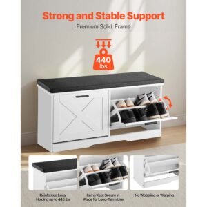 entryway shoe storage bench, 39.4 x 12.0 x 18.7 inch shoe organizer with flip drawers, 440lbs narrow shoes rack bench with cushion & flip doors, for hallway, living room, bedroom, black + white
