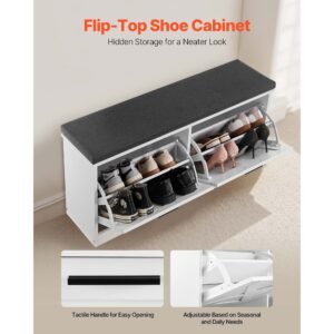 entryway shoe storage bench, 39.4 x 12.0 x 18.7 inch shoe organizer with flip drawers, 440lbs narrow shoes rack bench with cushion & flip doors, for hallway, living room, bedroom, black + white