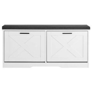 Entryway Shoe Storage Bench, 39.4 x 12.0 x 18.7 Inch Shoe Organizer with Flip Drawers, 440lbs Narrow Shoes Rack Bench with Cushion & Flip Doors, for Hallway, Living Room, Bedroom, Black + White