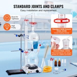 essential oil distillation kit, 2000ml distillation apparatus, 3.3 boro lab glassware distillation kit with 1000w heating plate and 24, 40 joint, 28 pcs set