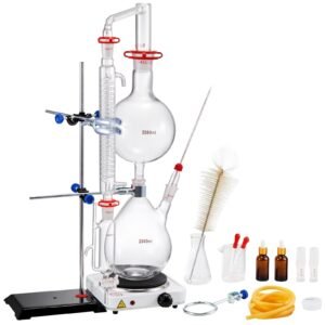 Essential Oil Distillation Kit, 2000ml Distillation Apparatus, 3.3 Boro Lab Glassware Distillation Kit with 1000W Heating Plate and 24, 40 Joint, 28 pcs Set