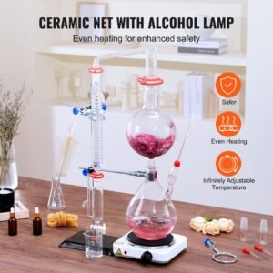 essential oil distillation kit, 2000ml distillation apparatus, 3.3 boro lab glassware distillation kit with 1000w heating plate and 24, 40 joint, 28 pcs set