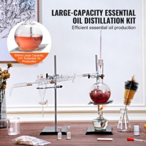 essential oil distillation kit, 500ml distillation apparatus, 3.3 boro lab glassware distillation kit with alcohol lamp, ceramic mesh and 24, 40 joint, 28 pcs set
