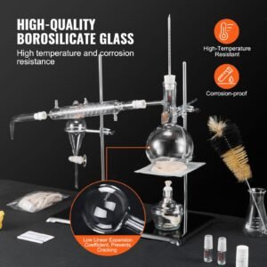 essential oil distillation kit, 500ml distillation apparatus, 3.3 boro lab glassware distillation kit with alcohol lamp, ceramic mesh and 24, 40 joint, 28 pcs set