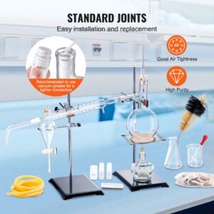 essential oil distillation kit, 500ml distillation apparatus, 3.3 boro lab glassware distillation kit with alcohol lamp, ceramic mesh and 24, 40 joint, 28 pcs set