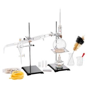 Essential Oil Distillation Kit, 500ml Distillation Apparatus, 3.3 Boro Lab Glassware Distillation Kit with Alcohol Lamp, Ceramic Mesh and 24, 40 Joint, 28 pcs Set