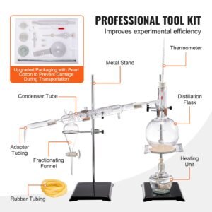 essential oil distillation kit, 500ml distillation apparatus, 3.3 boro lab glassware distillation kit with alcohol lamp, ceramic mesh and 24, 40 joint, 28 pcs set