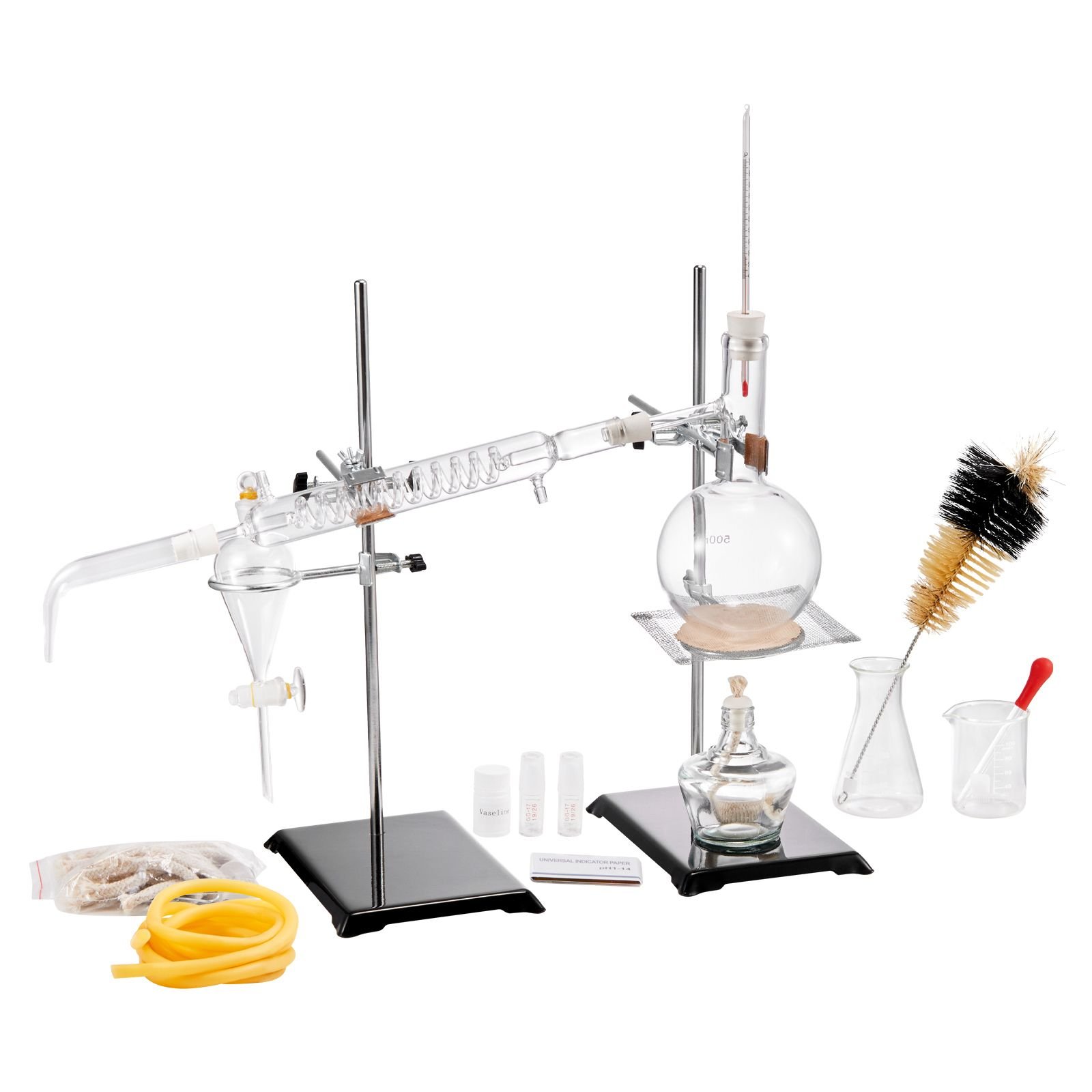 essential oil distillation kit, 500ml distillation apparatus, 3.3 boro lab glassware distillation kit with alcohol lamp, ceramic mesh and 24, 40 joint, 28 pcs set