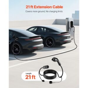 ev charger extension cable, 32amp 21 ft j1772 extension cord compatible with 120v 240v sae j1772 electric vehicle chargers, level 1/level 2 ip66 heavy duty car charging cable with carrying bag