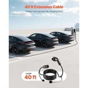 ev charger extension cable, 32amp 40 ft j1772 extension cord compatible with 120v 240v sae j1772 electric vehicle chargers, level 1/level 2 ip66 heavy duty car charging cable with carrying bag
