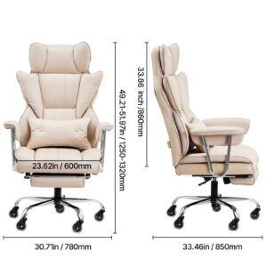 executive office chair with footrest, 400lb capacity office chair with lumbar pillow & removable armrests, heavy duty ergonomic chair, pu leather reclining home office desk chairs, brown