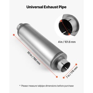 exhaust muffler, 4 inch inlet & outlet, 30 inch overall length stainless steel exhaust tip, universal resonator round body, high performance for trucks, sedans, sports cars, suvs & daily drivers