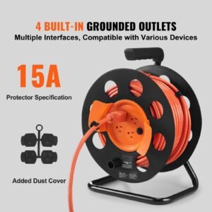 extension cord reel, 100ft, with 4 outlets and dust cover, heavy duty 12awg sjtow power cord, manual cord reel with portable handle circuit breaker, for toolshed garage, tested to ul standards