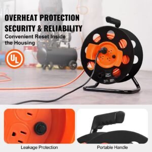 extension cord reel, 100ft, with 4 outlets and dust cover, heavy duty 12awg sjtow power cord, manual cord reel with portable handle circuit breaker, for toolshed garage, tested to ul standards