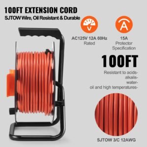 extension cord reel, 100ft, with 4 outlets and dust cover, heavy duty 12awg sjtow power cord, manual cord reel with portable handle circuit breaker, for toolshed garage, tested to ul standards
