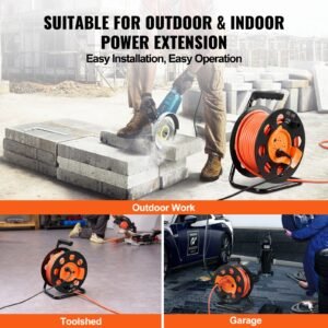 extension cord reel, 100ft, with 4 outlets and dust cover, heavy duty 12awg sjtow power cord, manual cord reel with portable handle circuit breaker, for toolshed garage, tested to ul standards