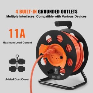extension cord reel, 100ft, with 4 outlets and dust cover, heavy duty 14awg sjtow power cord, manual cord reel with portable handle circuit breaker, for toolshed garage, tested to ul standards