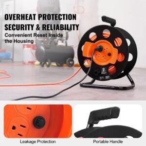 extension cord reel, 100ft, with 4 outlets and dust cover, heavy duty 14awg sjtow power cord, manual cord reel with portable handle circuit breaker, for toolshed garage, tested to ul standards
