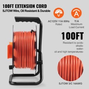 extension cord reel, 100ft, with 4 outlets and dust cover, heavy duty 14awg sjtow power cord, manual cord reel with portable handle circuit breaker, for toolshed garage, tested to ul standards