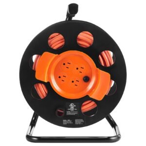 Extension Cord Reel, 100FT, with 4 Outlets and Dust Cover, Heavy Duty 14AWG SJTOW Power Cord, Manual Cord Reel with Portable Handle Circuit Breaker, for Toolshed Garage, Tested to UL Standards