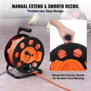 extension cord reel, 100ft, with 4 outlets and dust cover, heavy duty 14awg sjtow power cord, manual cord reel with portable handle circuit breaker, for toolshed garage, tested to ul standards