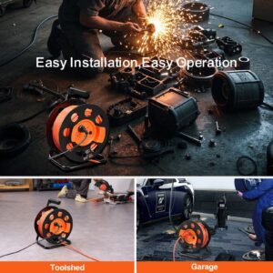 extension cord reel, 100ft, with 4 outlets and dust cover, heavy duty 14awg sjtow power cord, manual cord reel with portable handle circuit breaker, for toolshed garage, tested to ul standards