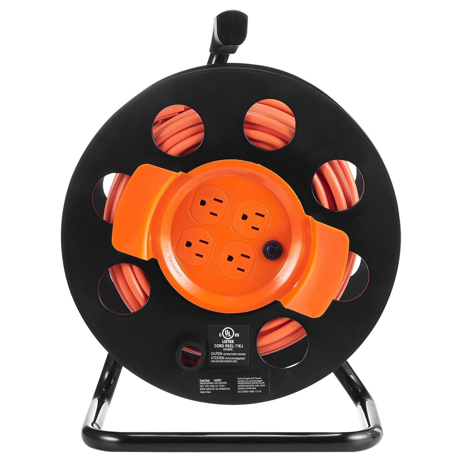 extension cord reel, 100ft, with 4 outlets and dust cover, heavy duty 14awg sjtow power cord, manual cord reel with portable handle circuit breaker, for toolshed garage, tested to ul standards