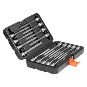 extra long allen hex bit socket set, 18 piece 3/8 inch drive, s2 alloy steel and cr v steel, standard sae and metric 1/8 inch 3/8 inch, 3 12mm, with enhanced storage case, for mechanics