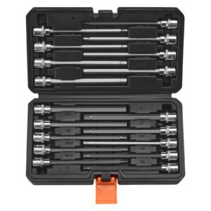 extra long allen hex bit socket set, 18 piece 3/8 inch drive, s2 alloy steel and cr v steel, standard sae and metric 1/8 inch 3/8 inch, 3 12mm, with enhanced storage case, for mechanics