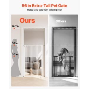 extra tall pet gate for cats, 29 41 in adjustable width, 56 in high dog gate, with pressure mount kit and wall mount kit, 1.3 in narrow bar spacing, for stairs, doorways, and house, white