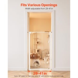 extra tall pet gate for cats, 29 41 in adjustable width, 56 in high dog gate, with pressure mount kit and wall mount kit, 1.3 in narrow bar spacing, for stairs, doorways, and house, white