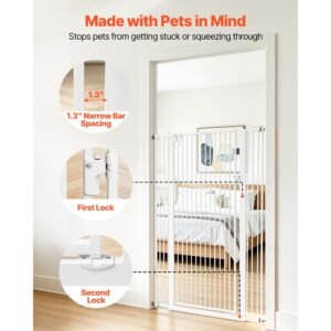 extra tall pet gate for cats, 29 41 in adjustable width, 56 in high dog gate, with pressure mount kit and wall mount kit, 1.3 in narrow bar spacing, for stairs, doorways, and house, white