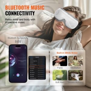 eye massager with heat & remote, heated eye massage mask with 5 modes and bluetooth music, 180° foldable eye care massager for eye strain, dry eyes, dark circles, ideal gift for mom/dad, black