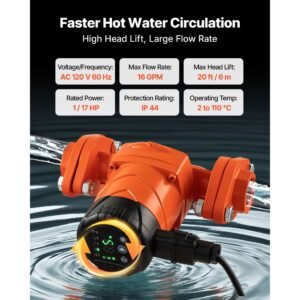 f 007e 1f1 high efficiency circulator pump, 16 gpm, 120v 20 ft cast iron hot water recirculating circulation pump, 1 in flange connection, check valve, quiet operation, for home heating system