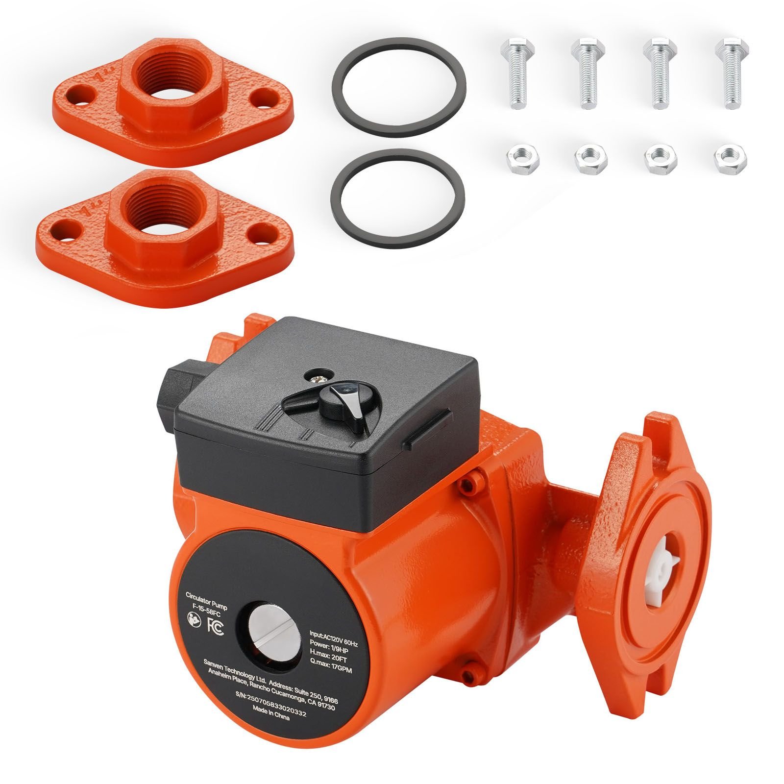 f 15 58fc cast iron circulator pump, 17 gpm, ac 120v 20 ft hot water recirculating circulation pump, 1 inch flange connection, 3 speed adjustment, quiet operation, for home water heating system