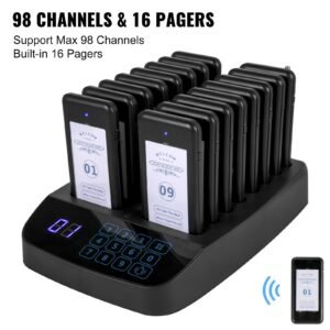 f101 restaurant pager system 16 pagers, max 98 beepers wireless calling system, touch keyboard with vibration, flashing and buzzer for church, nurse,hospital & hotel