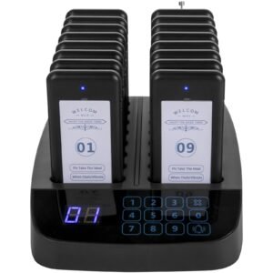 F101 Restaurant Pager System 16 Pagers, Max 98 Beepers Wireless Calling System, Touch Keyboard with Vibration, Flashing and Buzzer for Church, Nurse,Hospital & Hotel