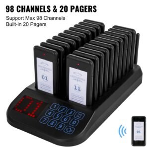 f103 restaurant pager system 20 pagers, max 98 beepers wireless calling system, touch keyboard with vibration, flashing and buzzer for church, nurse,hospital & hotel