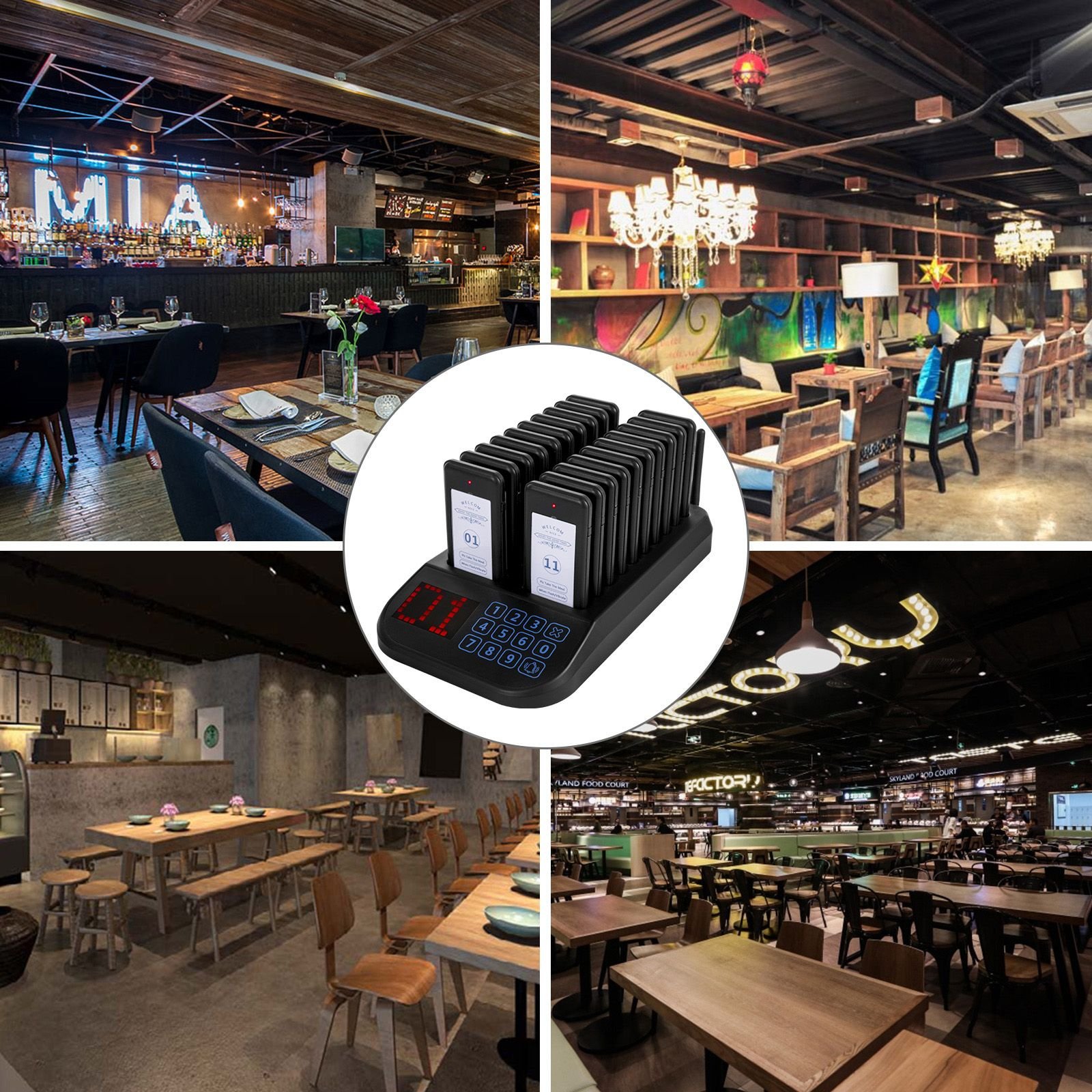 f103 restaurant pager system 20 pagers, max 98 beepers wireless calling system, touch keyboard with vibration, flashing and buzzer for church, nurse,hospital & hotel