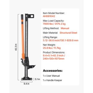 farm jack, 42" utility high lift farm jack, 3.18 ton (7,000 lbs) capacity ratcheting off road utility jacks, heavy duty lift jacks with 5.12" 36.6" lifting range for tractor, truck, suv