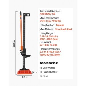 farm jack with base, 60" utility high lift farm jack, 3.18 ton (7,000 lbs) capacity ratcheting off road utility jacks, heavy duty lift jacks with 5.12" 54.33" lifting range for tractor, truck
