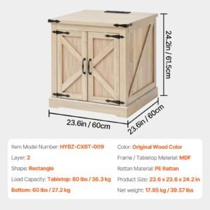 Farmhouse End Table, Rectangle PE Rattan Woven Wood Coffee Table, 24-Inch Modern Boho Style Storage Coffee Table with Retro Metal Hinges, for Living Room, Bedroom & Small Spaces
