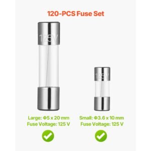 fast blow glass fuses assortment kit, 120 pcs 125 volt, 5 x 20 mm 1a 2a 3a 4a 5a 8a 10a, 3.6 x 10 mm 2.5a 3a 5a tube fuses, suitable for electrical boxes, led strips, electronics, appliances