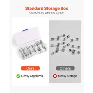 fast blow glass fuses assortment kit, 120 pcs 125 volt, 5 x 20 mm 1a 2a 3a 4a 5a 8a 10a, 3.6 x 10 mm 2.5a 3a 5a tube fuses, suitable for electrical boxes, led strips, electronics, appliances