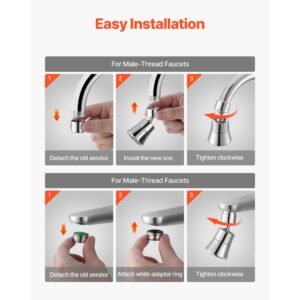faucet aerator, 360° swivel kitchen sink aerator, 5 function 5 flow sink sprayer attachment, bathroom faucet extender head replacement for 15/16 inch female thread with adapter & 55/64 inch male
