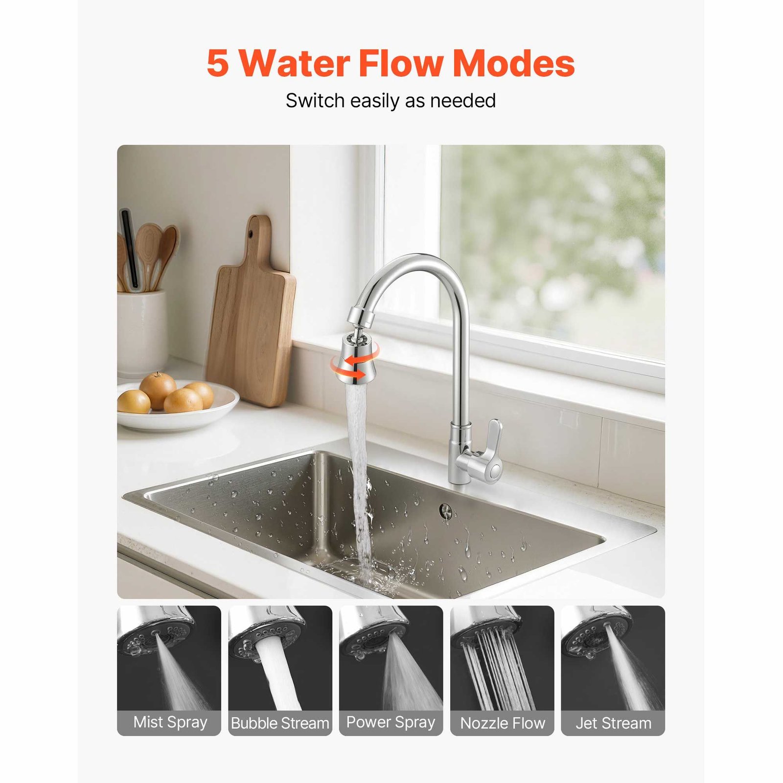 faucet aerator, 360° swivel kitchen sink aerator, 5 function 5 flow sink sprayer attachment, bathroom faucet extender head replacement for 15/16 inch female thread with adapter & 55/64 inch male